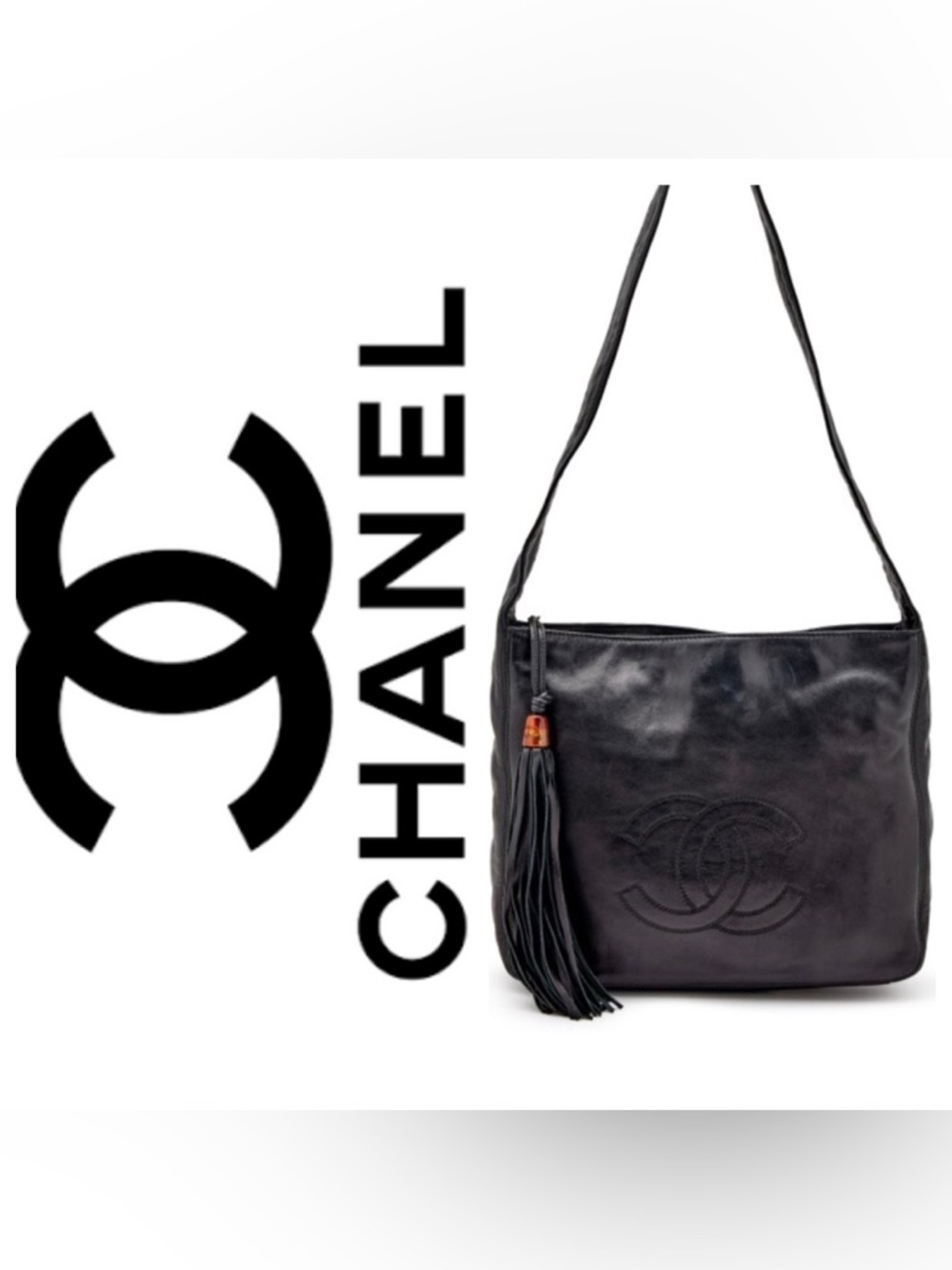CHANEL Black Leather Shoulder Bag with Tassel